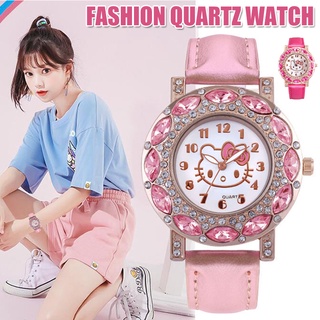 Hello Kitty Children Women Girls Fashion Crystal Quartz Analog Watch Cute Cartoon Leather Strap Student Wrist Watch