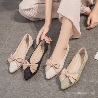 [24 horas de envío] [alta calidad]zapatos de punta mujer2021spring estilo coreano todo-partido plana bowknot retro cómodo zapatos de mujer (7)