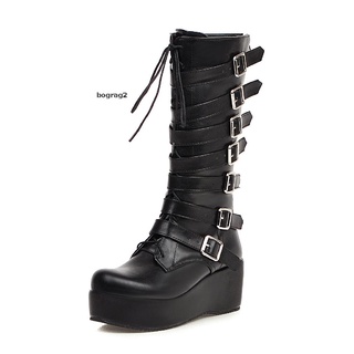 [Bograg2] Mid Calf Boots Round Toe Chunky High Heel Punk Boots Goth Riding Wedge Boots MX66