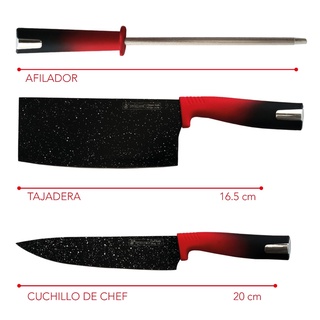 Juego de 5 Cuchillos de Chef, Tijeras, Afilador Y Base para Cuchillos de Cocina Rojo (2)