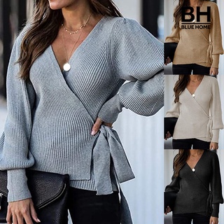 bh moda color sólido cuello en v suéter para mujer manga larga fondo de punto superior