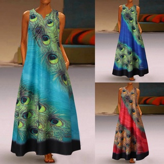 Women Plus Size Sleeveless Peacock Print Long Maxi Dress Boho Summer Beach Dress