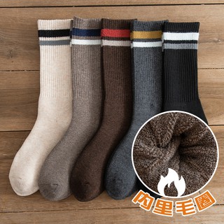 Striped thick socks women&#39;s mid-tube autumn and winter terry cotton mid-length pile pile socks thickened warm black long tube