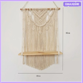 [xmajqshk] Tassel Tapestry Macrame Wall Hanging Tapestry with Rack Bohemian Wall Wooden Floating Shelves Decoration for Apartment (1)