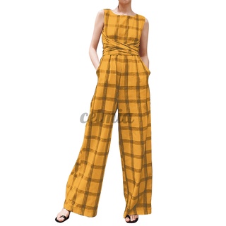 CELMIA Women Summer Casual Check Round Neck Sleeveless Baggy Long Jumpsuit
