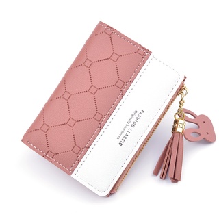 las mujeres corta cartera patchwork pequeño cremallera bolso verificado en relieve borla carteras lindo simple titular de la tarjeta rosa mini bolsa de dinero