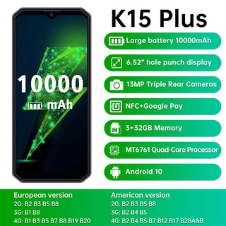 Oukitel K15 Plus 10000mAh NFC teléfono inteligente 6.52" 3GB RAM 32GB ROM teléfono celular Quad Core Android 10 teléfono móvil MT6761 13MP legend.br