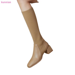 Botas de tubo largo de cuero para mujer, pero botas de calcetines elásticos de rodilla, tacones gruesos, tacones medios, botas delgadas, botas altas de punto delgado