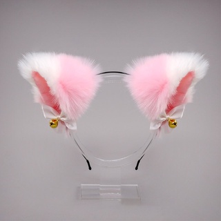 Larry Faux piel rosa gatito orejas diadema con lazo campana peluda felpa Animal Cosplay pelo aro Lolita Kawaii Halloween fiesta tocado accesorios de pelo (8)