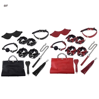 ggt 8Pcs BDSM Bondage Set Eyemask Handcuffs Leg Bracelet Leather Whip Pat Mouth Plug