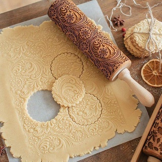 Non-Stick Rolling Pin Wooden Handle Pastry Dough Flour Roller Engraved Embossed Pin Rolling I7I6 (5)