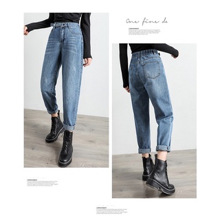 Cintura elástica Vintage de cintura alta recta Jeans para las mujeres Streetwear suelto femenino Denim Jeans señoras Jeans cec papá zanahoria pantalones