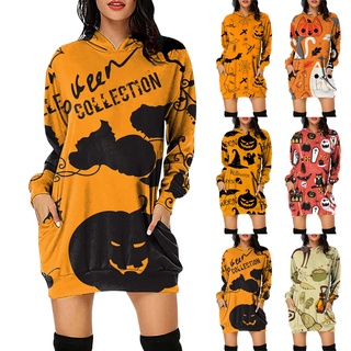 Mujer Halloween calabaza impreso manga larga con capucha jersey vestido Tops
