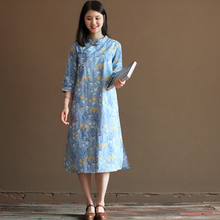 Three to five years Q627 spring new style retro Chinese improved cheongsam loose cotton literary mid-length dress women
