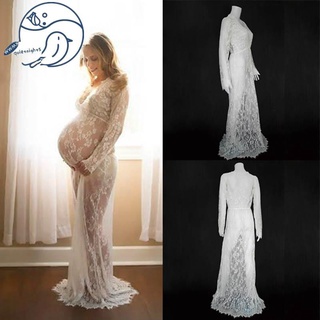 Maternidad fotografía Props Maxi vestido de maternidad cuello en V vestidos de encaje vestido de embarazo vestido de fantasía tiro foto embarazada ropa (blanco, M)