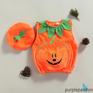 Purp-babies Halloween juego de ropa de dos piezas, naranja calabaza bordado patrón sin mangas Tops y gorra