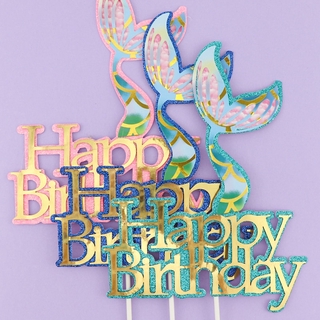 Decoración de tarta de feliz cumpleaños para niña, decoración de cumpleaños, cola de sirena, suministros (1)