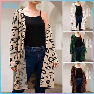 Women Leopard Cardigan Sweater Long Sleeve V-neck Cardigan Casual Loose Long Coat