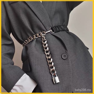 [listo stock]calle tiro de moda nuevo bloqueo cabeza cinturón mujer cadena costura cintura elástica con falda sello de cintura todo-partido metal elástico moda