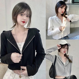 coreano de las mujeres sudadera con capucha de color sólido cremallera suelta casual manga larga