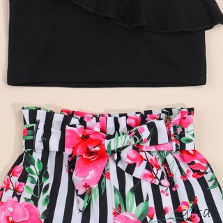 LJW-Kid conjunto de ropa de niñas, Color sólido sin mangas Off-hombro recortado Tops + impresión Floral pantalones cortos (4)