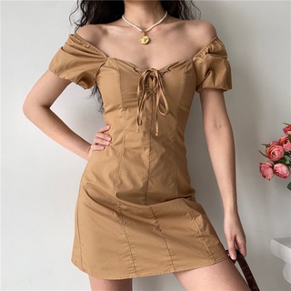 2021 Summer New French Retro Square Collar Lace-up Puff Sleeve Khaki Dress Slim Fit Sexy A-Word Skirt (4)
