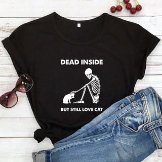 Muerto en el interior, pero todavía amor gato camiseta de las mujeres esqueleto y gato Goth camiseta divertida gato mamá camiseta Top (1)