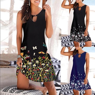 Women Summer O-neck Print Hollow Out Sleeveless Loose Tank Mid Dresses