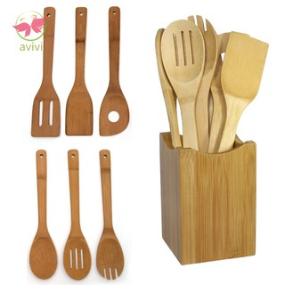 6 piezas de cuchara de bambú espátula juego de mezcla utensilios de cocina de madera herramienta de cocina