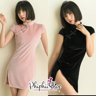 Premium Shanghai Qipao chino Cheongsam vestido grueso terciopelo Cosplay rosa negro