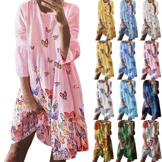 Women's Casual Comfortable Round Neck Butterfly/leaf Print Long Sleeve Dress