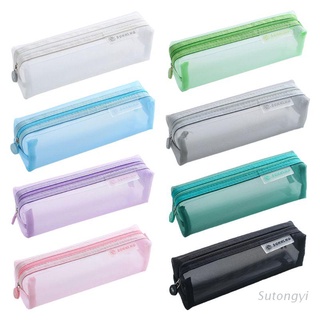 sut kawaii lindo color sólido transparente malla estuche de lápices de la escuela estudiante suministros de la pluma de la caja de la bolsa de papelería