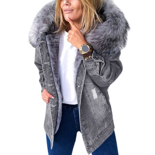 Elegante Parka Retro cuello de felpa chaquetas de mezclilla de moda de lana forrada caliente de la mitad de la longitud rasgado abrigo de las mujeres (8)