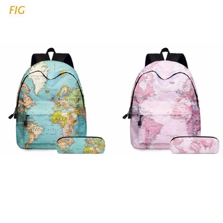 FIG 2pcs World Map Printing School mochila estudiante Bookbag viaje portátil Daypack con estuche para adolescentes niñas