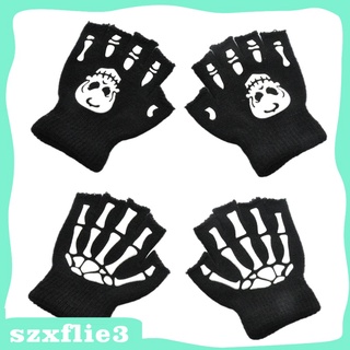 [SHASHA] Guantes de medio dedo esqueleto de Halloween sin dedos brillan en la oscuridad accesorios manoplas para disfraz Cosplay niños niños (1)