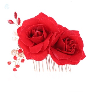 esa 1pcs Exquisite Rose Flower Hair Comb New Imitation Pearl Red Floral Combs for Bridal Jewelry Tiaras Wedding Headdress