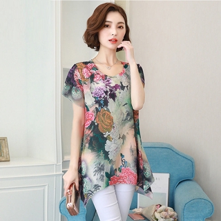 【XIROATOP】women blouse plus sze Loose ice silk short-sleeved mid-length floral top