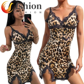 FSHION Nuevo Camison Mujeres Ropa de dormir Leopard Print lenceria Sexy Hot Babydoll Eyelash Lace Sexy ropa interior de encaje