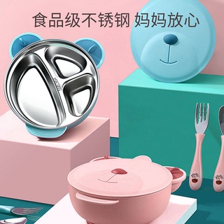 Children's Dinner Plate Grid Bowl Removable And Washable Stainless Steel Water Injection Thermal Insulation Tableware Baby Eat Learning Spoon Snack Catcher Set (3)