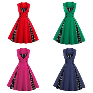 *QS Vintage Dot Pattern Women Midi Dresses Sleeveless Big Hem High Waist Dress
