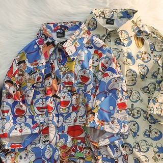 Ins Doraemon impreso camisa de manga corta de las mujeres retro estilo Hong Kong suelto casual salvaje verano media manga nicho camisa