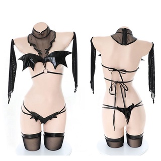 mon mujeres erótico anime pequeño diablo lencería imitación charol negro estilo murciélago sujetador collar cadena bragas ropa interior uniforme (8)