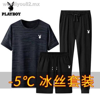 Playboy deportes de secado rápido traje de manga corta verano de los hombres de seda de hielo transpirable fitness deportes de ocio camiseta traje de los hombres