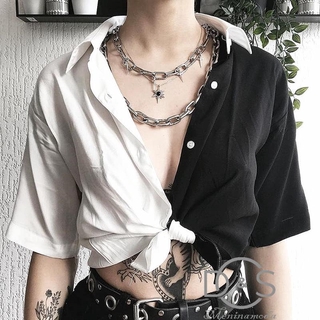 Gga-Camiseta Estilo Punk negro y blanco con Manga corta y encaje De solapa para mujer