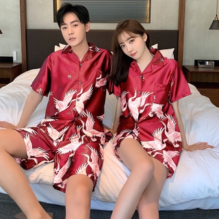 Grúa pareja pijamas más el tamaño de 3 colores cómodo Unisex ropa de dormir hombres mujeres Baju Tidur Wanita seda satén pijamas conjunto de manga corta ropa de dormir para los amantes