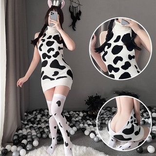 Women Sexy Lingerie Halter Cow Printed Sling Sweater Backless Knitted Dress Uniform Temptation PLUS#