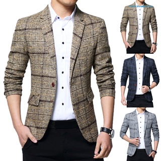 fashionmeiren moda hombres a cuadros solapa slim fit Chamarra Chamarra abrigo de un botón traje de negocios