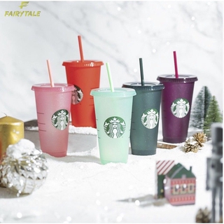 Vaso De Plástico Reutilizable Brillante Con Tapa Y Paja Starbucks Taza , 24 fl oz , Juego De 1 O 5 Colores Cambiantes Regalos Cuento De Hadas