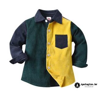 apologize-toddler camisa botón abajo, niños color bloque turn-down cuello manga larga