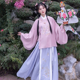 Vestido Hanfu para mujer, traje bordado con flores, novedad, disfraz de Cosplay de hadas, cuello redondo, ropa de actuación rosa de la dinastía Ming